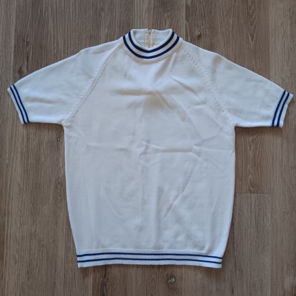Vtg 70s 80s Knit Top Womens M White Navy Stripe Soft Lightweight Preppy Tennis